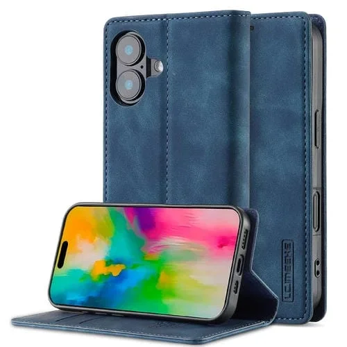 Funda para Teléfono Lc.Imeeke iPhone 16 Plus Cuero Microfibra Magnetismo Fuerte (Azul)
