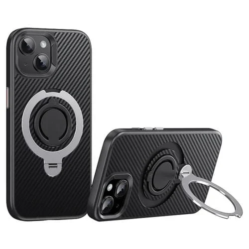 Funda para Teléfono Magsafe Fibra de Carbono iPhone 14/13 Soporte Giratorio 360 (Negro y Plateado)