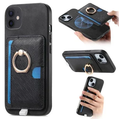 Funda para Teléfono Magsafe iPhone 12/12 Pro Anillo Lateral Cuero Cruz Retro (Negro)