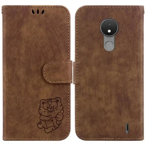 Funda para Teléfono Nokia C21 de Cuero con Relieve Little Tiger (Marrón)