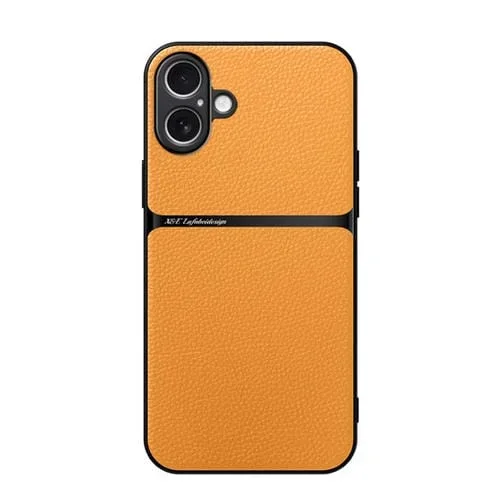 Funda para Teléfono Piel de Lichi iPhone 16 Plus Tapa Magnética Cobertura Total (Amarilla)