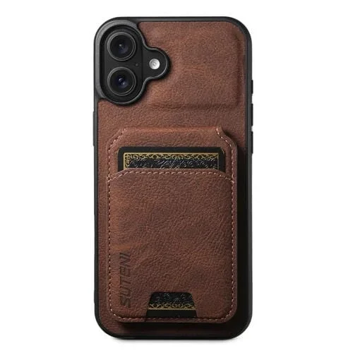 Funda para Teléfono Suteni H02 con Tarjetero de Piel de Lichi para iPhone 16 Plus (Marrón)