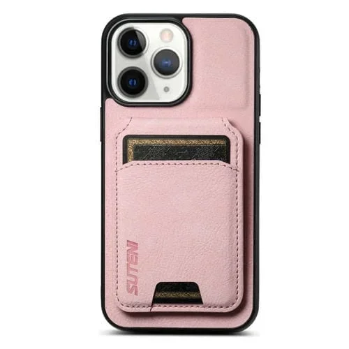 Funda para Teléfono Suteni H02 para iPhone 11 Pro Max con Soporte y Billetera de Cuero Litchi (Rosa)