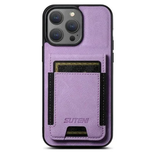 Funda para Teléfono Suteni H03 para iPhone 13 Pro con Soporte para Tarjeta Cuero Litchi (Púrpura)