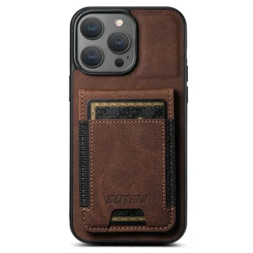 Funda para Teléfono Suteni H03 para iPhone 14 Pro Max con Soporte para Tarjeta Cuero Litchi (Marrón)