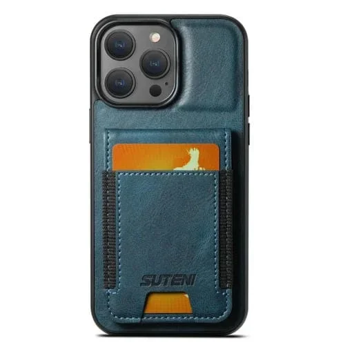 Funda para Teléfono Suteni H03 para iPhone 14 Pro Max con Soporte y Billetera de Cuero con Cera de Aceite (Azul)