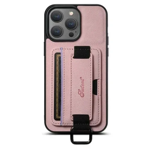 Funda para Teléfono Suteni H13 para iPhone 11 Pro Max con Correa para la Muñeca de Cuero Litchi (Rosa)