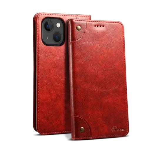 Funda para Teléfono Suteni iPhone 15 Cuero con Billetera Textura Becerro Barroca (Rojo)