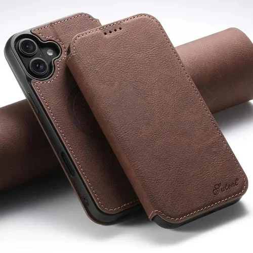 Funda para Teléfono Suteni J06 Cuero Retro Mate Textura Litchi para iPhone 16 (Marrón)