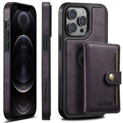 Funda para Teléfono Suteni M1 Oil Wax Magsafe para iPhone 12 Pro con Bolsa para Tarjeta Horizontal Desmontable (Púrpura)