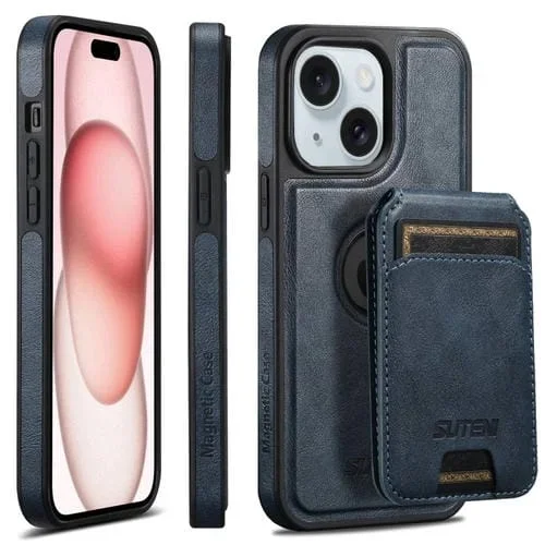 Funda para Teléfono Suteni M1 para iPhone 15 Plus con Bolsa para Tarjeta Horizontal (Azul)