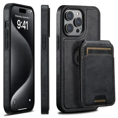 Funda para Teléfono Suteni M2 Oil Wax con Tarjetero Horizontal Magsafe para iPhone 16 Pro (Negra)