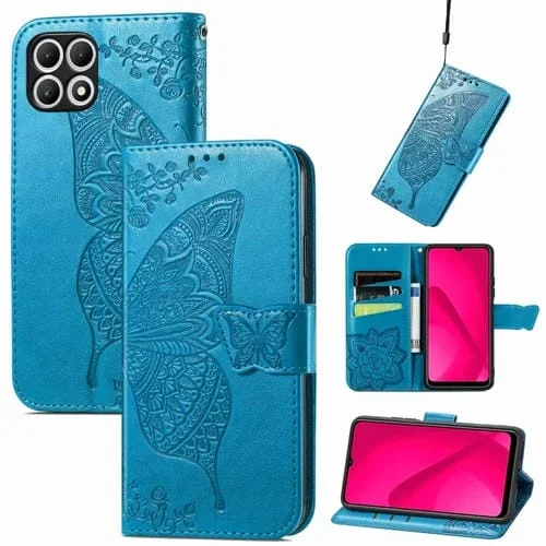 Funda para Teléfono T-Mobile T Phone 2 5G Cuero Relieve Flor y Mariposa (Azul)