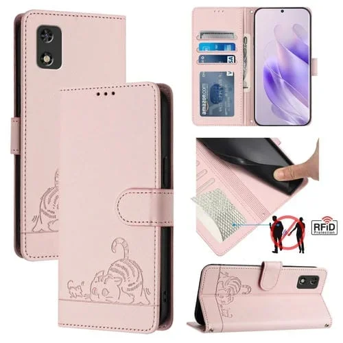 Funda para Teléfono Tecno Pop 5C Cuero RFID con Patrón en Relieve y Cordón (Rosa)