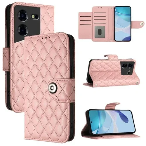 Funda para Teléfono Tecno Pova 5 4G de Cuero con Tapa Textura Rómbica y Cordón (Rosa Coral)