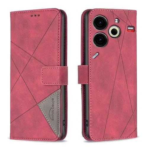 Funda para Teléfono Tecno Pova 6 Neo Cuero Textura de Rombo Hebilla Magnética (Rojo)