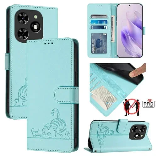 Funda para Teléfono Tecno Spark 20C Cuero Rfid Patrón En Relieve con Cordón (Verde Menta)