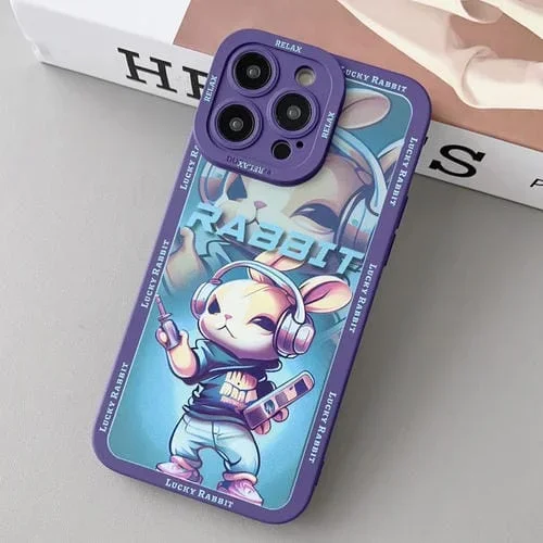 Funda para teléfono TPU Apple iPhone 14 Pro Max Liquid Angel Eyes Hip Hop Rabbit (Auriculares Morados)
