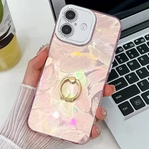 Funda para Teléfono TPU con Anillo y Película para Lente iPhone 16 Plus (Plumas Rosas)