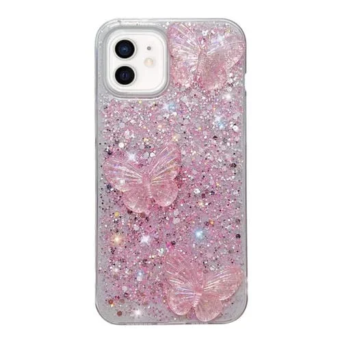 Funda para Teléfono TPU Epoxi iPhone 11 Mariposas de Cristal y Lentejuelas Estrelladas (Rosa)
