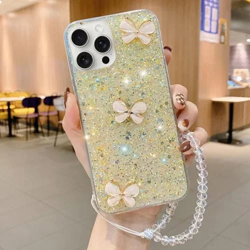 Funda para Teléfono TPU Epoxi iPhone 11 Pro Max Mariposa de Jade Lentejuelas Estrelladas con Correa (Amarillo)