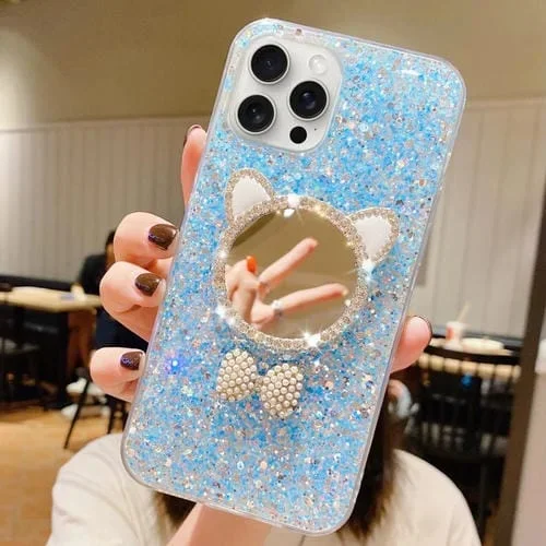 Funda para Teléfono TPU Epoxi iPhone 13 Pro con Espejo Orejas de Gato Lentejuelas Estrelladas (Azul)