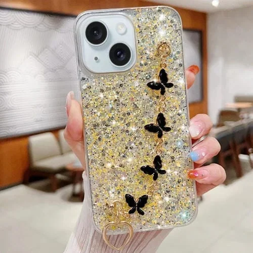 Funda para teléfono TPU Epoxi iPhone 14 con Cadena de Mariposa y Lentejuelas Estrelladas (Amarillo)