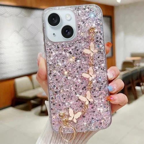 Funda para Teléfono TPU Epoxi iPhone 15 con Cadena Mariposa y Lentejuelas Estrelladas (Rosa)