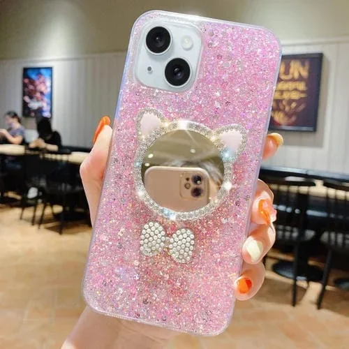Funda para Teléfono TPU Epoxi iPhone 15 con Espejo y Orejas de Gato con Lentejuelas Estrelladas (Rosa)