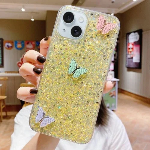 Funda para Teléfono TPU Epoxi iPhone 15 con Lentejuelas Estrelladas y Diamantes de Imitación (Amarillo)