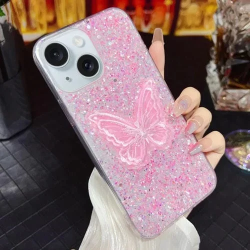 Funda para Teléfono TPU Epoxi iPhone 15 con Mariposa Bordada y Lentejuelas Estrelladas (Rosa)
