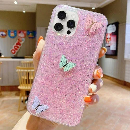 Funda para Teléfono TPU Epoxi iPhone 15 Pro con Lentejuelas Estrelladas y Diamantes de Imitación (Rosa)