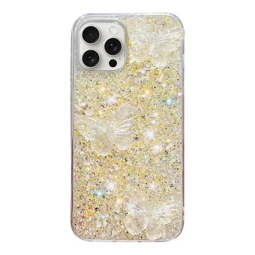 Funda para Teléfono TPU Epoxi iPhone 15 Pro Max Mariposas de Cristal y Lentejuelas Estrelladas (Amarillo)