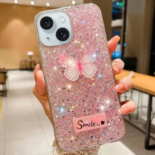 Funda para Teléfono TPU Epoxi para iPhone 14 con Diamantes de Imitación y Lentejuelas Estrelladas (Rosa)