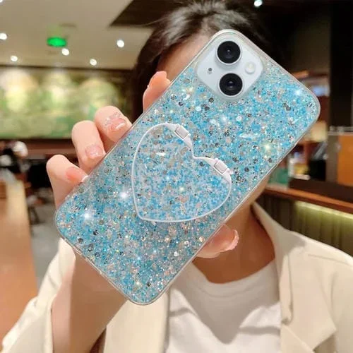 Funda para Teléfono TPU Epoxi para iPhone 15 con Soporte de Espejo y Lentejuelas Estrelladas (Azul)