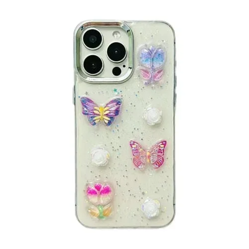 Funda para Teléfono TPU iPhone 14 Plus Mariposa de Cristal Colorida 3D (Flores de Mariposa)