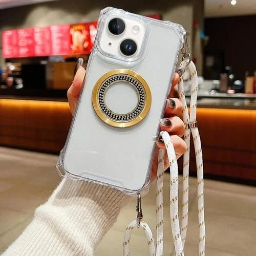 Funda para Teléfono TPU iPhone 15 Plus Traveler Crossbody con Cuatro Esquinas y Cordón (Blanca)
