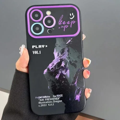 Funda para Teléfono TPU iPhone 15 Pro con Ventana Grande y Patrón Montaña Nevada (Púrpura)