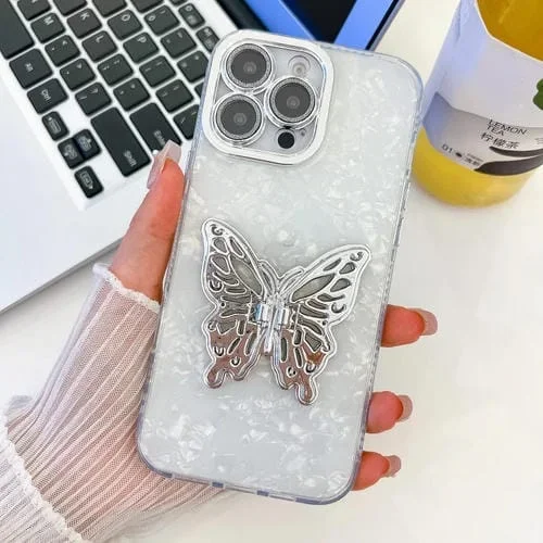 Funda para Teléfono TPU iPhone 16 Pro Max Soporte Mariposa Película Lente (Blanca)