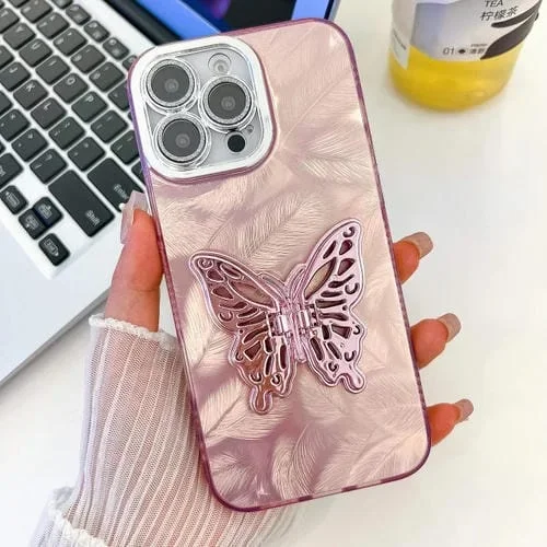 Funda para Teléfono TPU iPhone 16 Pro Max Soporte Mariposa Textura Brillante (Plumas Rosas)