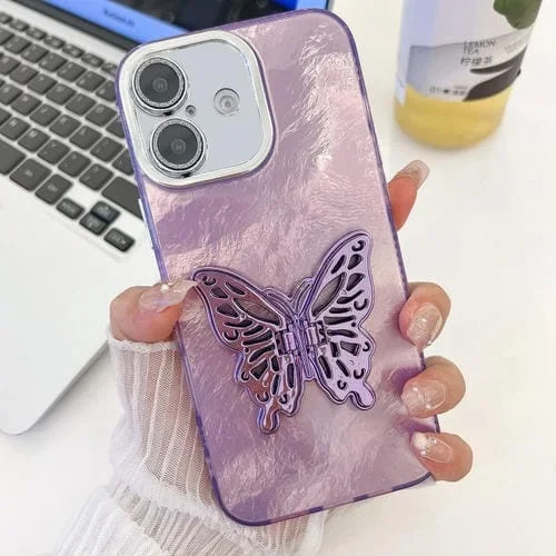 Funda para Teléfono TPU iPhone 16 Soporte Mariposa Película Lente (Morado)