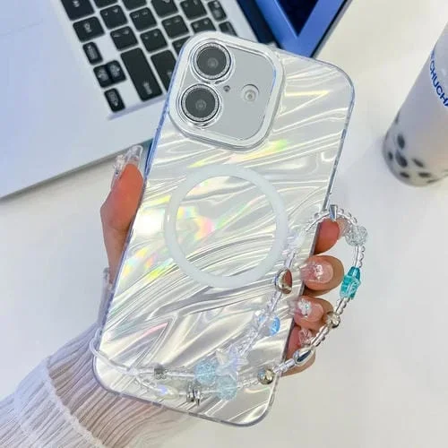 Funda para Teléfono TPU Magsafe iPhone 16 con Textura y Película de Lente (Ondas de Agua Blancas)