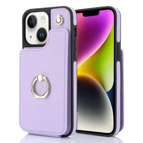 Funda para Teléfono Ym005 Skin Feel Card Bag para iPhone 14 Plus con Cordón Largo (Púrpura Claro)