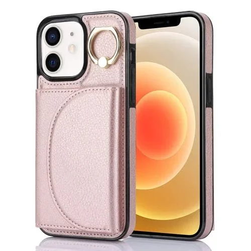 Funda para Teléfono Ym006 para iPhone 12/12 Pro con Soporte para Anillo y Tarjeta (Oro Rosa)