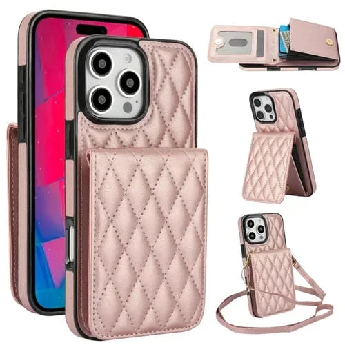 Funda para Teléfono Ym015 con Tarjetero y Diseño de Rombos para iPhone 16 Pro Max (Oro Rosa)