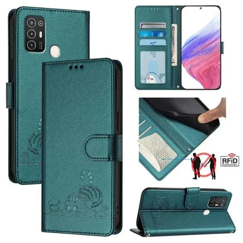 Funda para Teléfono ZTE Blade A52 CAT Rat Cuero RFID con Patrón en Relieve y Cordón (Verde Pavo Real)