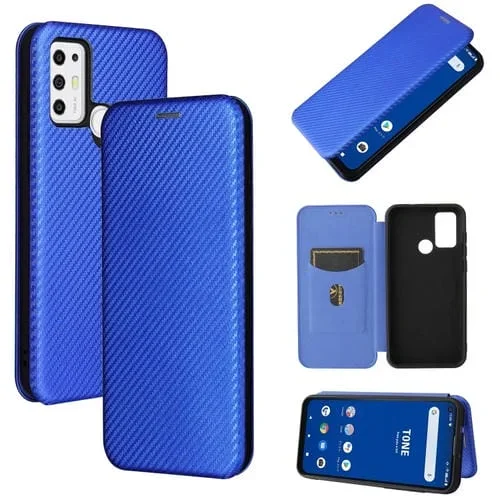 Funda para Tone E21 Fibra de Carbono Magnético Horizontal Flip TPU PC Cuero PU Ranura Tarjeta (Azul)