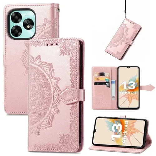 Funda para Umidigi A15 de Cuero con Relieve de Flores Mandala (Oro Rosa)