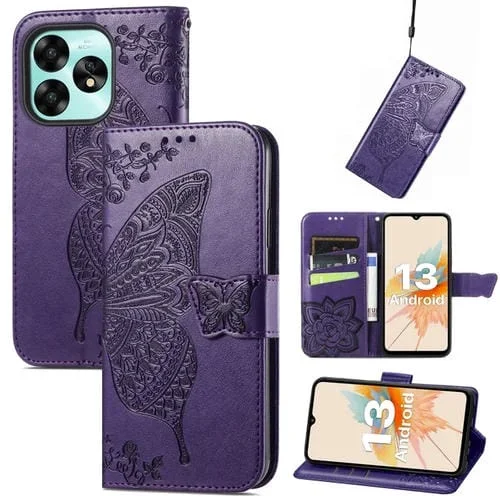 Funda para Umidigi G5 y G5A de Cuero con Relieve Flor de Amor y Mariposa (Púrpura)