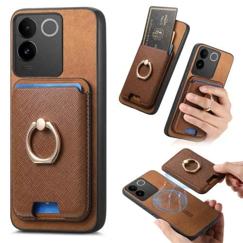 Funda para Vivo S18/S18 Pro 5G con Anillo de Cuero Retro Cruzado, Inserto Vertical para Tarjetas, Magsafe (Marrón)